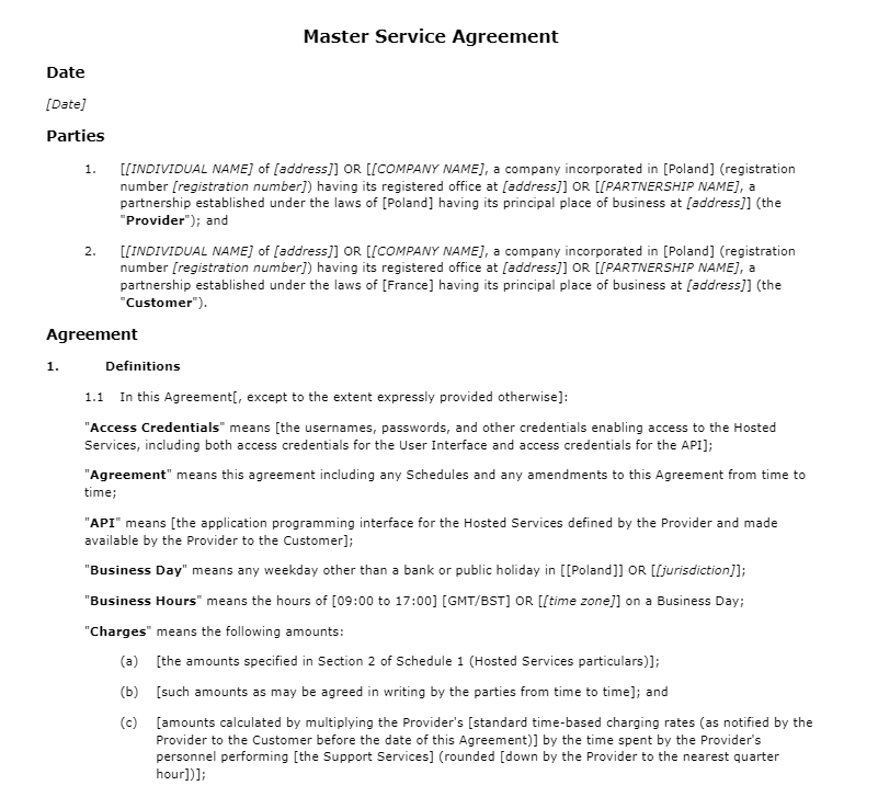 Polish Contract Example Master Service Agreement Template of Poland